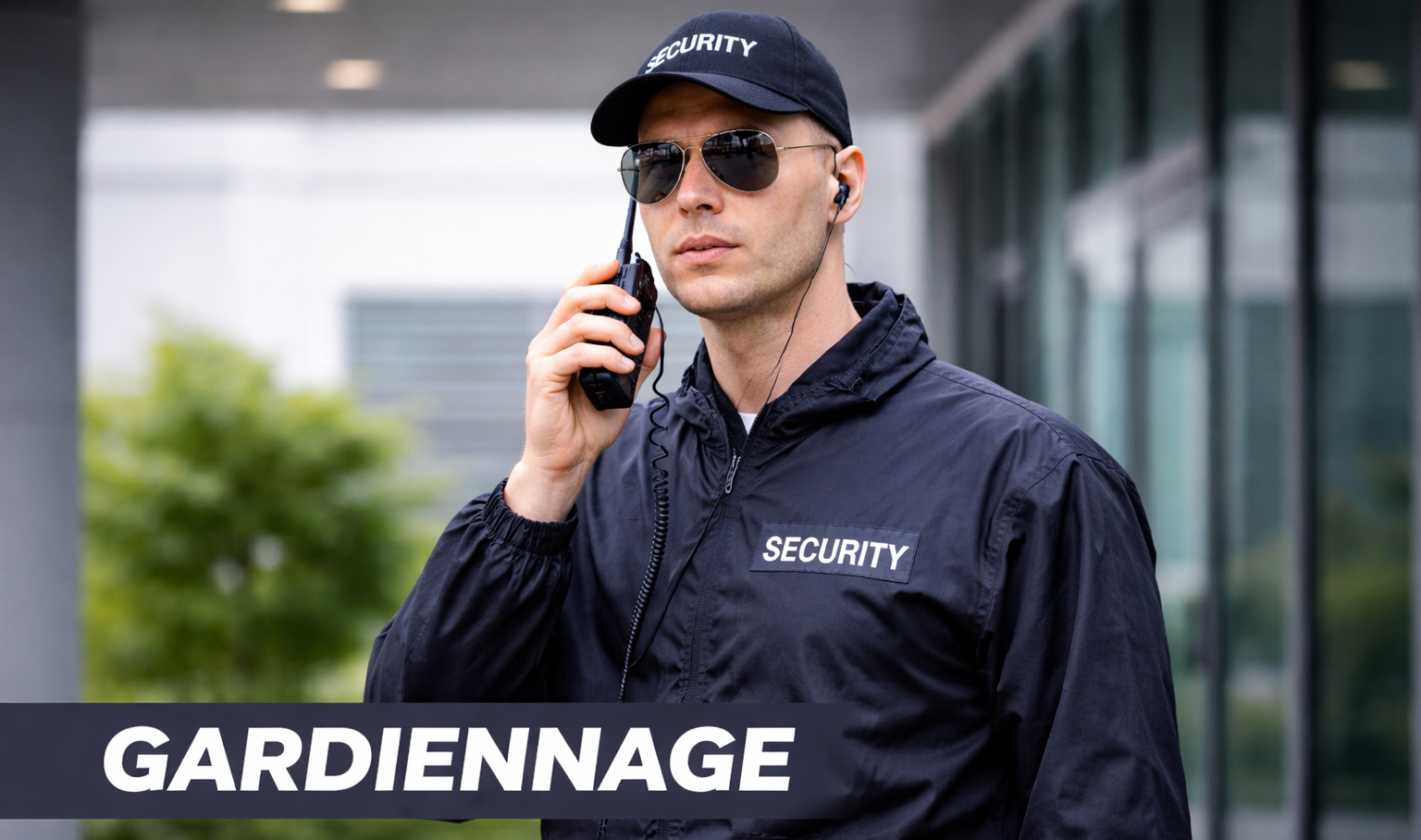 Agent de sécurité en service de gardiennage devant un immeuble professionnel à Casablanca